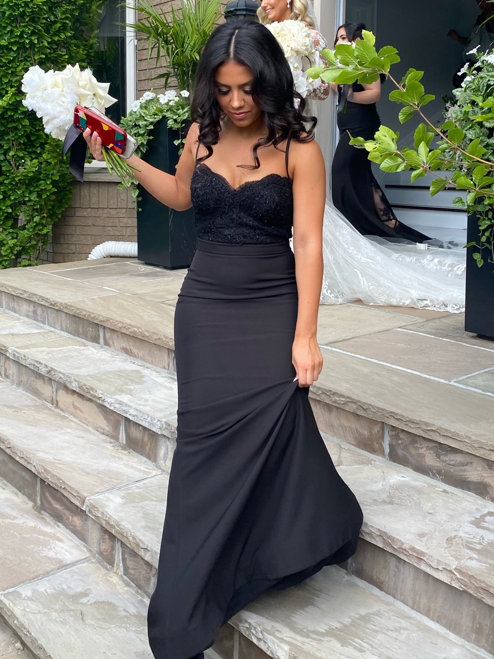 Black Beaded Bust Maxi Dress with Spaghetti Straps